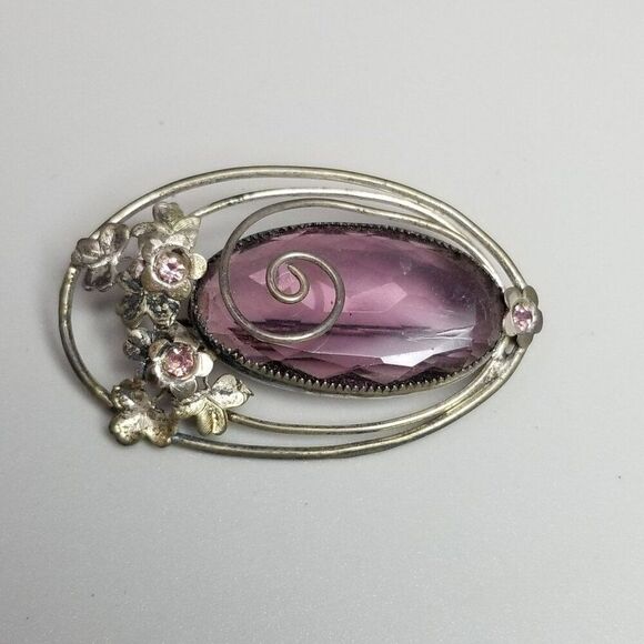 Vintage Sterling Silver Oval Purple Glass Floral Brooch, Retro Lapel Pin, Estate - Picture 7 of 7